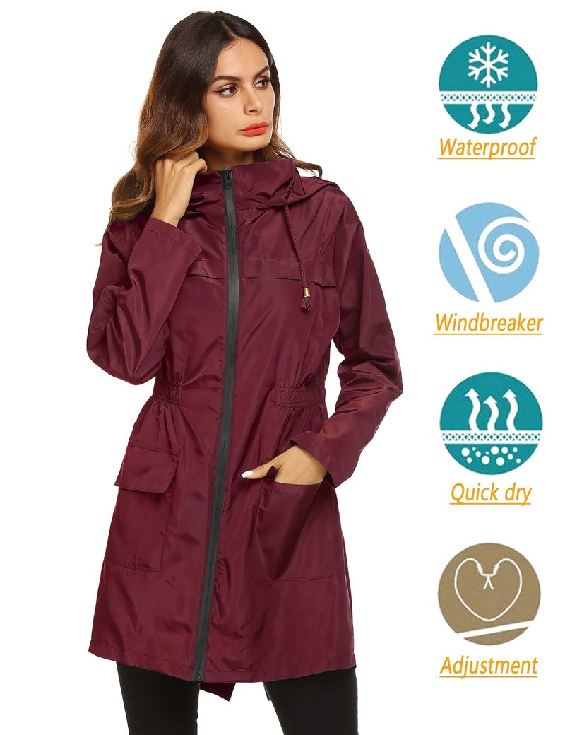 LOMON Women Waterproof Lightweight Rain Jacket Active Outdoor Hooded Raincoat (M, wine red) - Image 2